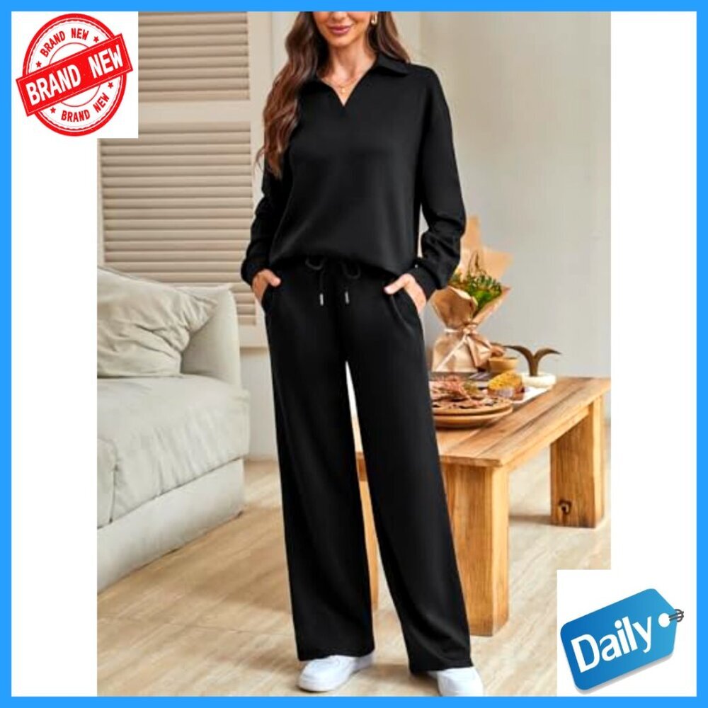 Women's 2-Piece Lounge Set Polo Collar Sweatshirt Straight Leg Sweatpants - Picture 2 of 7